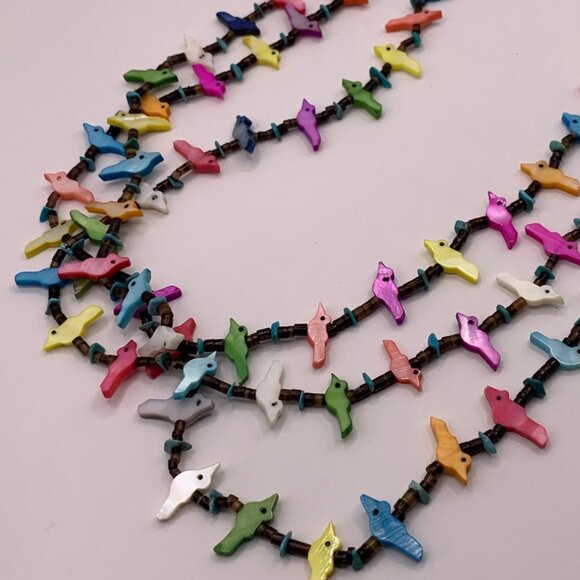 Southwest Zuni Bird Fetish Heishi Colorful Shell Birds Three Strand Necklace 734 - Picture 3 of 8